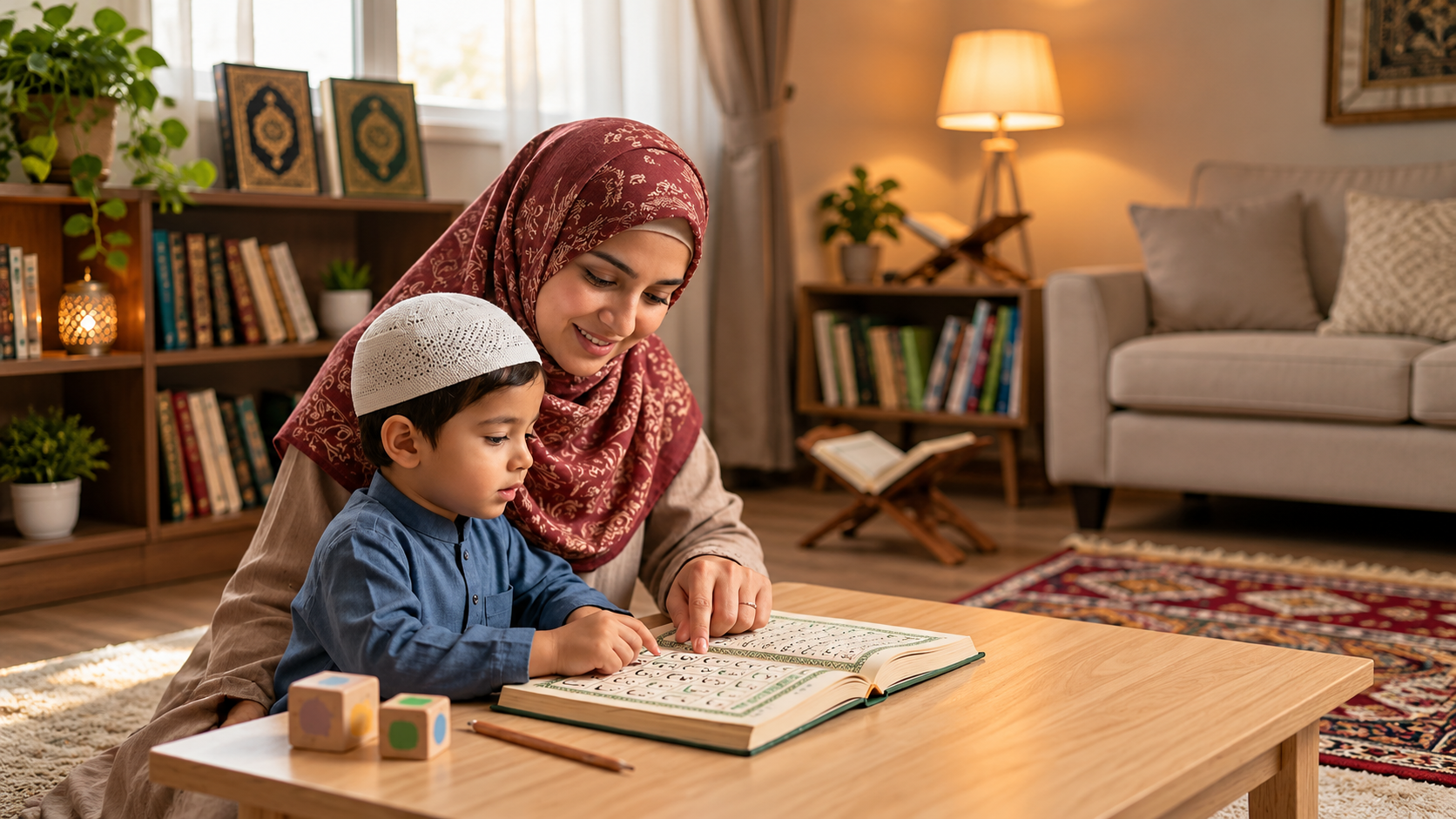 Mother and son reading the Quran together